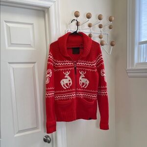 Aritzia - TNA - Cowchan Lambswool Zip Up Sweater - Red / White - XL